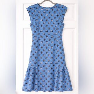 Sandro Paris Blue Floral Print Mini Dress with Cap Sleeves and Ruffle Hem size 1